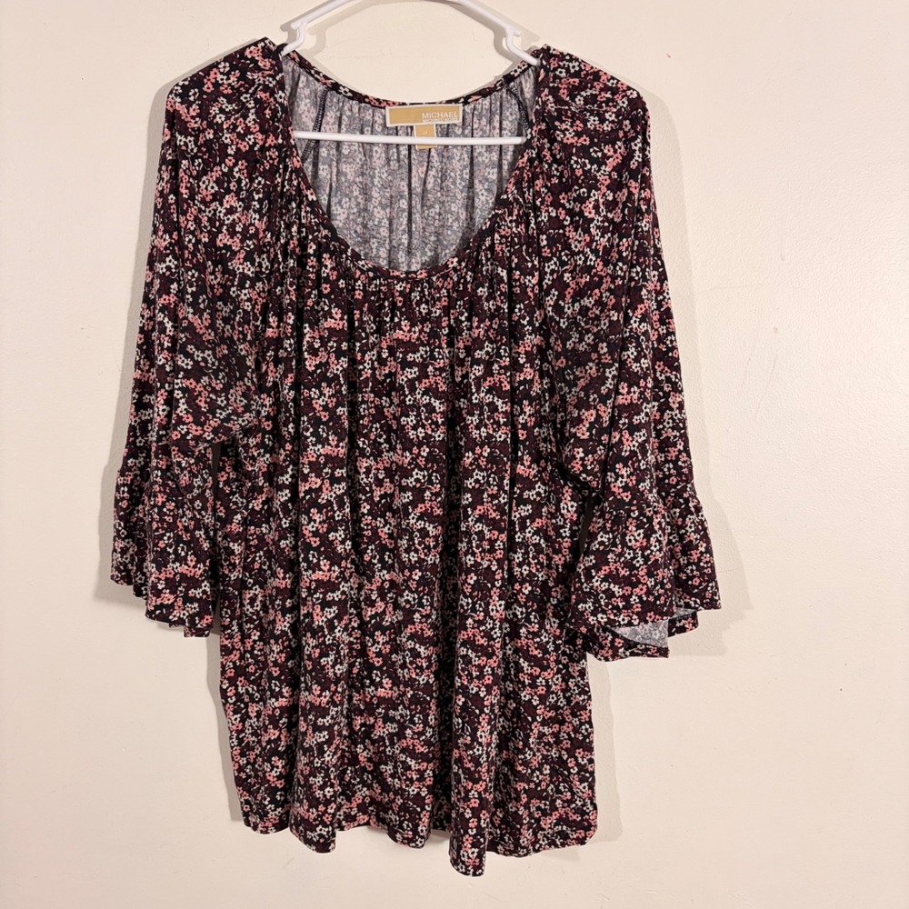 Michael Michael Kors Blouse Womens 2X Burgundy Floral Bell Sleeve Top
